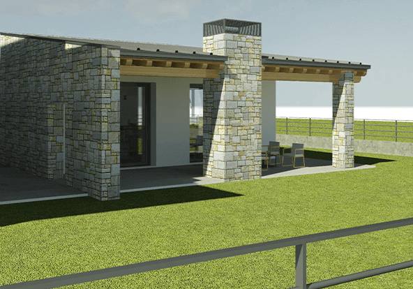 Villa ristrutturata con accostamento di materiali in pietra e legno