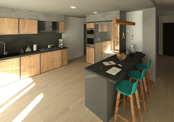 Design d'interni moderno con ampio open space zona giorno in legno