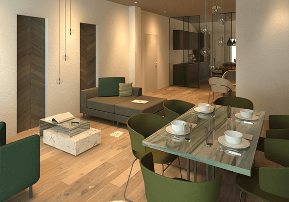 Grande appartamento con accostamento di legno, vetro e ferro nell'arredamento