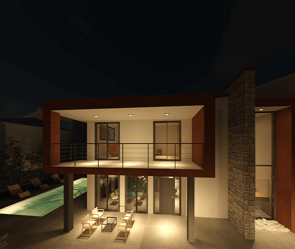 Visione notturna villa residenziale con piscina