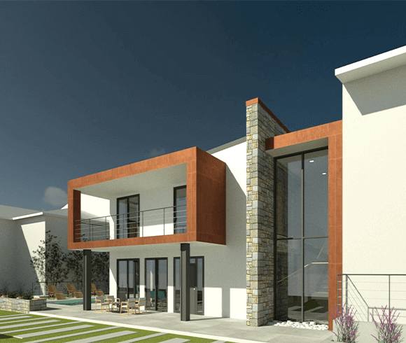 Facciata esterna villa residenziale con ampia vetrata