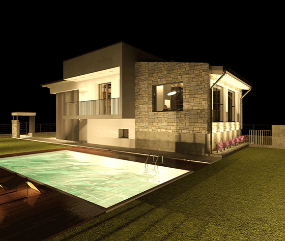 Fabbricato residenziale con piscina con luce notturna