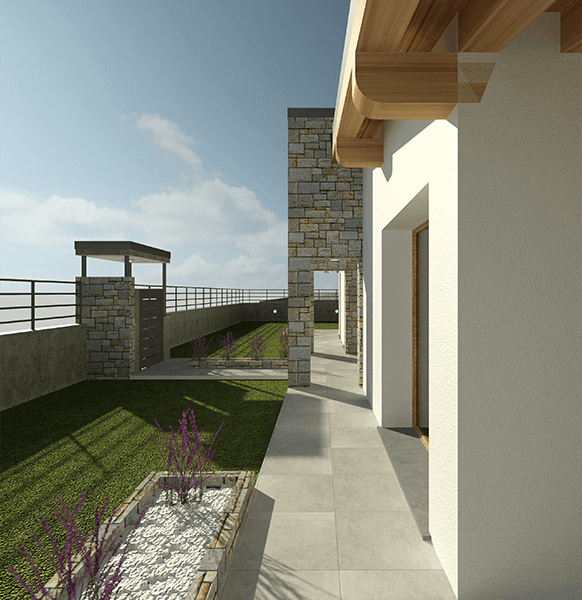 Ingresso villa con giardino ed elementi architettonici in pietra