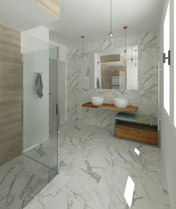 Bagno luminoso in marmo bianco