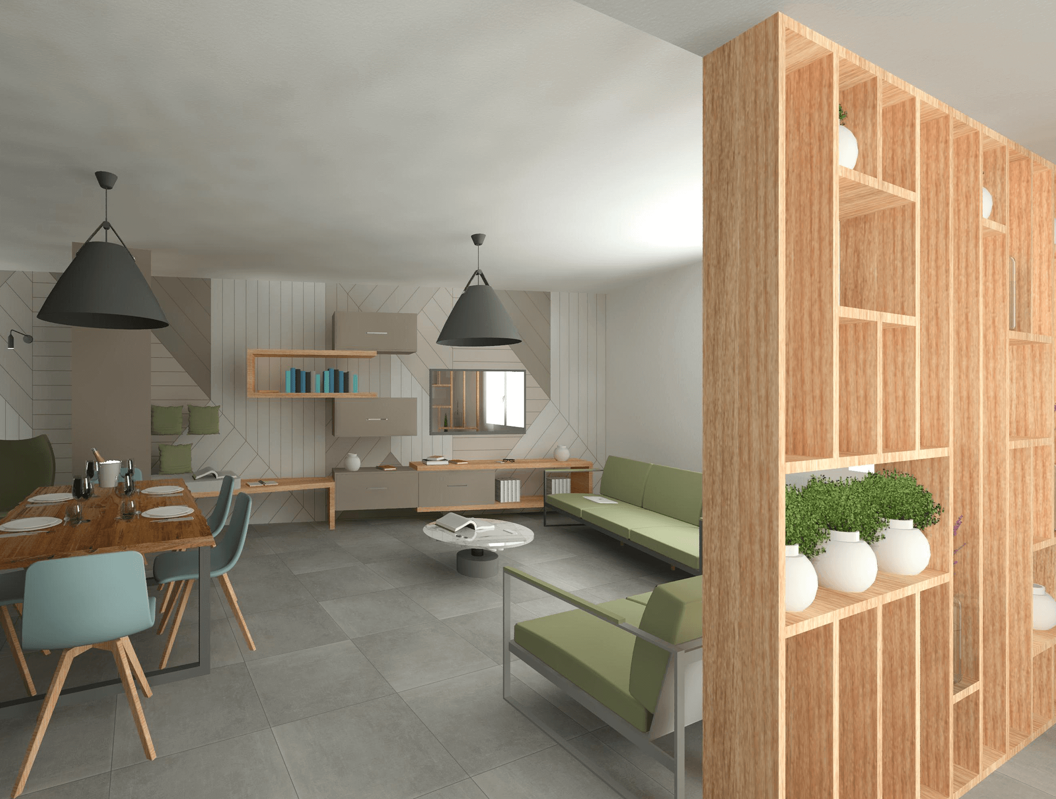 Open space zona giorno con arredamento moderno