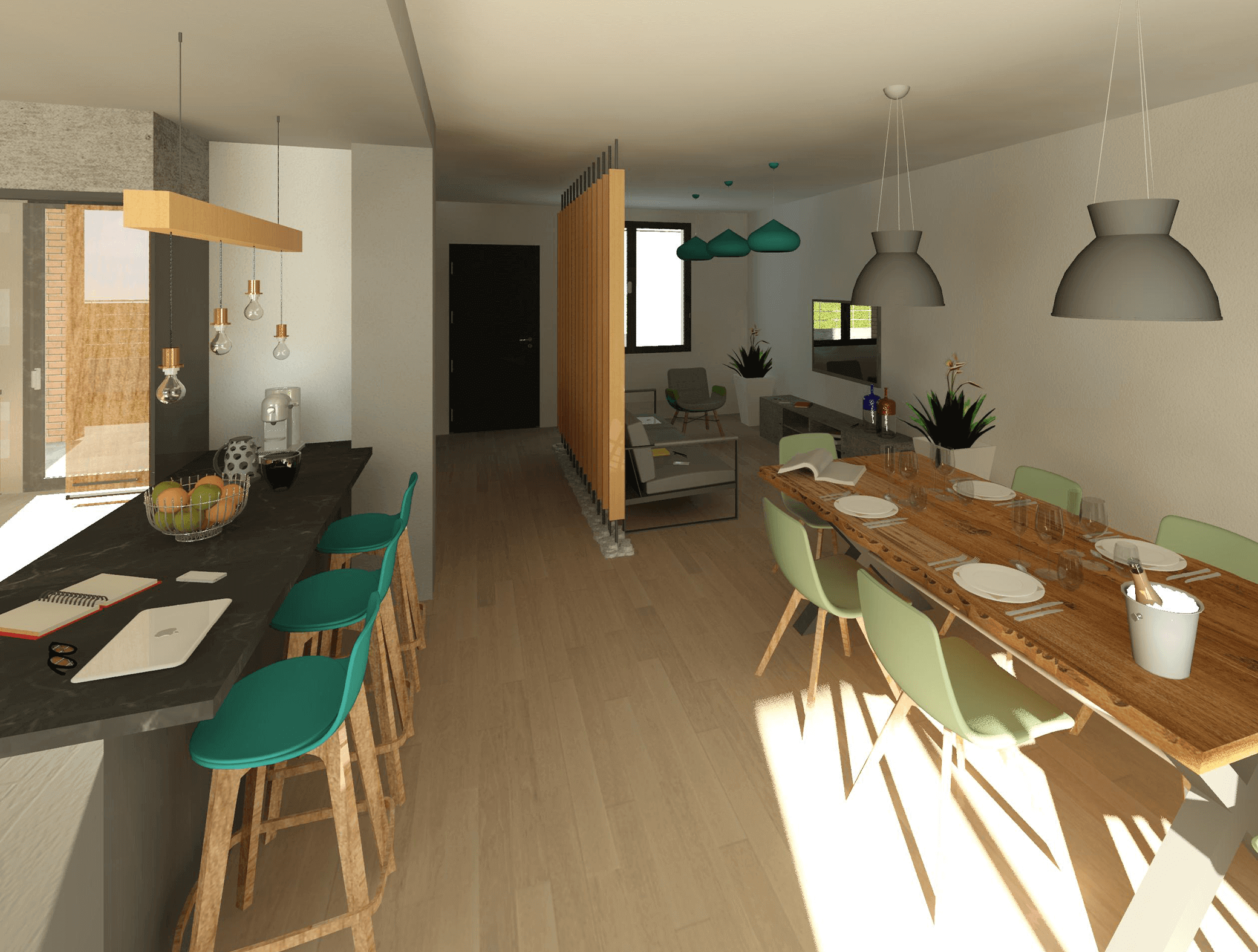 Tavolo da pranzo in legno e piano rialzato cucina in pietra