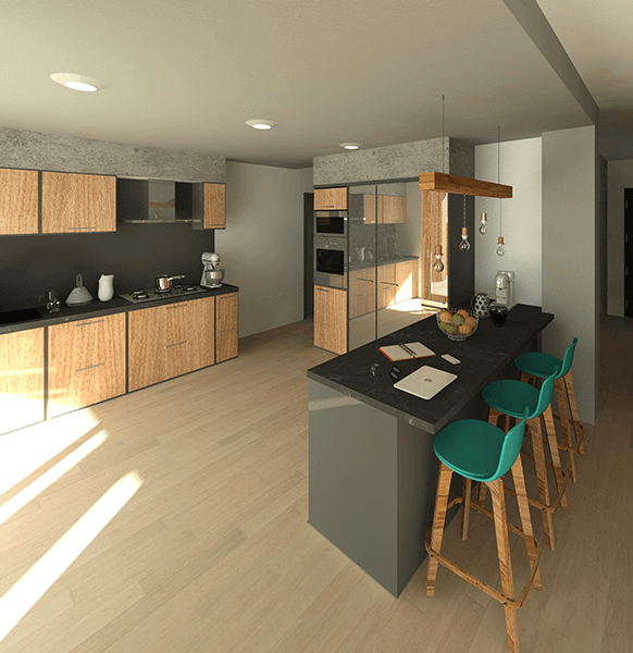 Ampio open space zona living e cucina con arredamento in legno