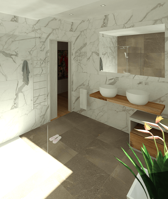 Bagno moderno e luminoso con pareti in marmo bianche