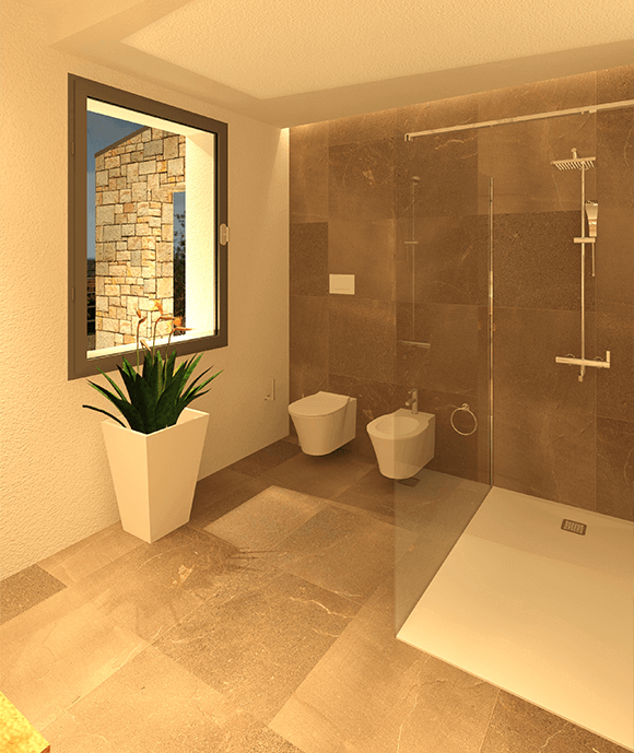 Grande bagno moderno con doccia in vetro