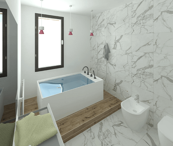 Bagno moderno e luminoso in marmo bianco con vasca rialzata