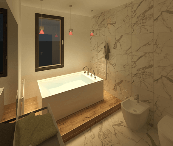 Bagno moderno in marmo bianco con vasca rialzata e illuminazione artificiale