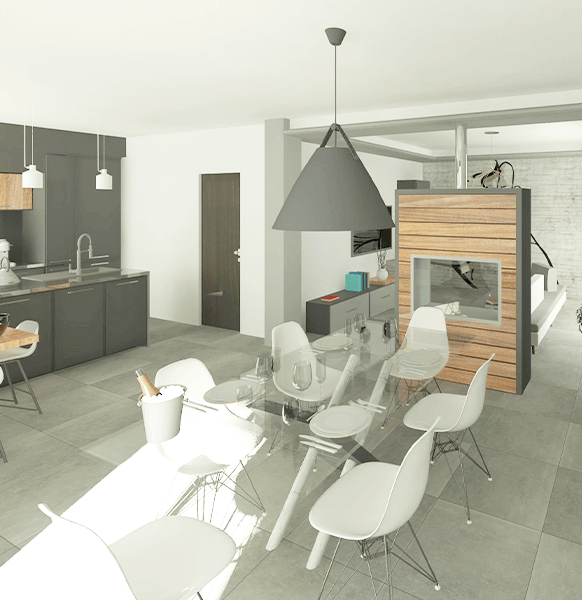Ampia cucina lumiosa con tavolo da pranzo in vetro