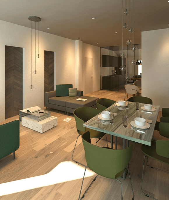 Soggiorno moderno con tavolo da pranzo in legno
